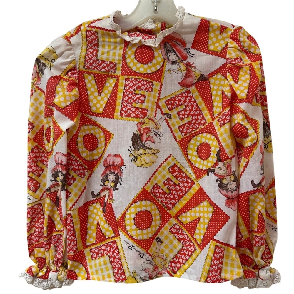 Handmade Vintage Girls Love Holly Hobbie Print Lace Trim Blouse Red Yellow